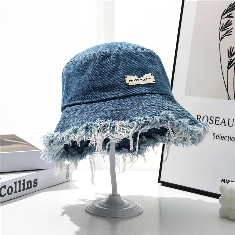 Washed Denim Bucket Hat - Tassel Edge Sun Hat