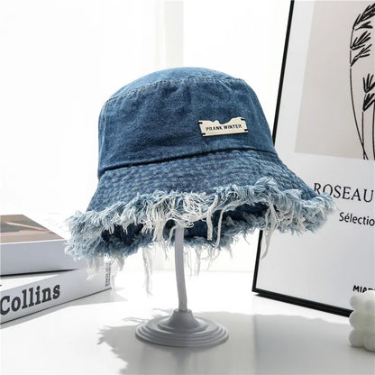 Washed Denim Bucket Hat - Tassel Edge Sun Hat