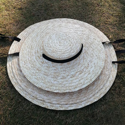 Handmade Flat-Top Straw Sun Hat - Ribbon Accent