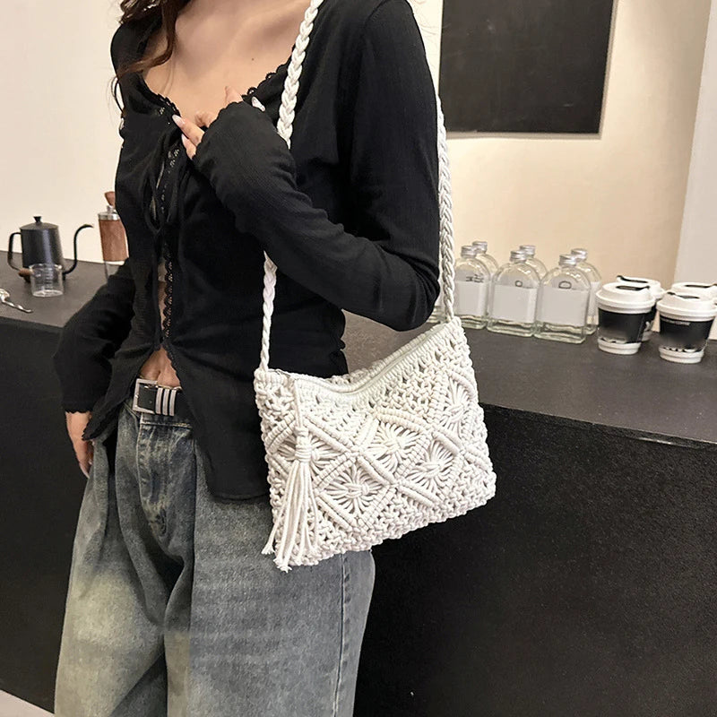 Woven Hollow-Out Straw Crossbody Bag - Tassel Detail