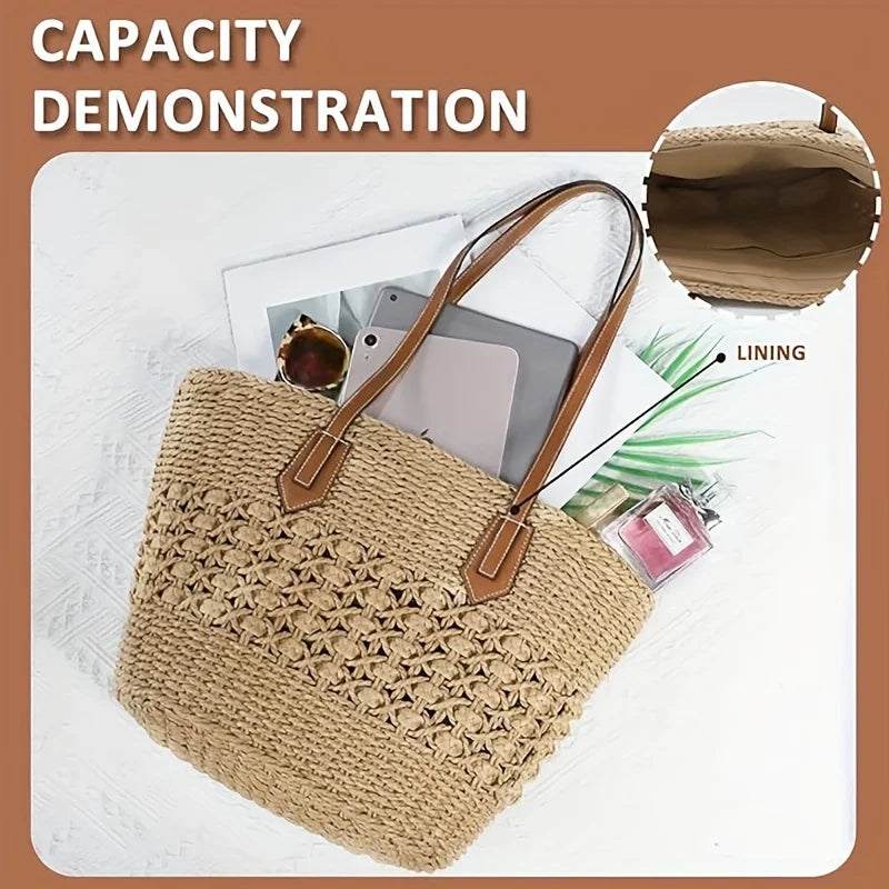 Bohemian Straw Basket Shoulder Bag - Large Capacity