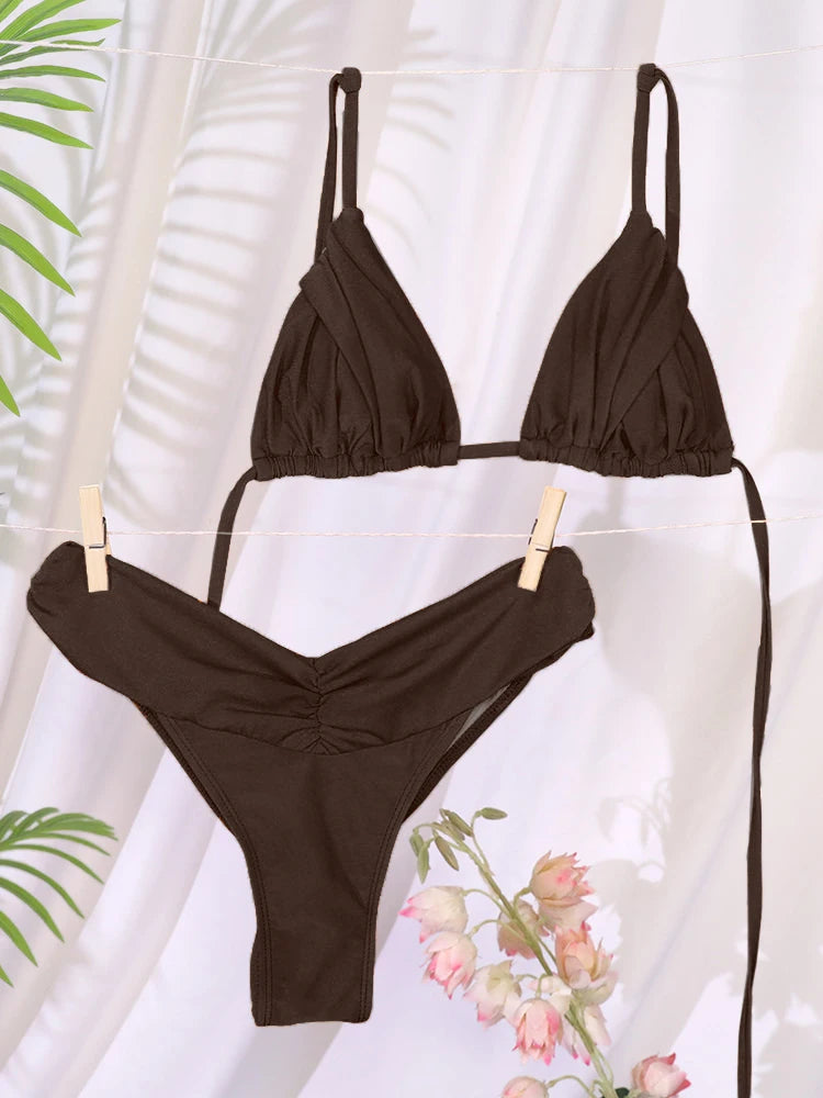 Solid Triangle Bandage Bikini Set - Low Rise Swimwear