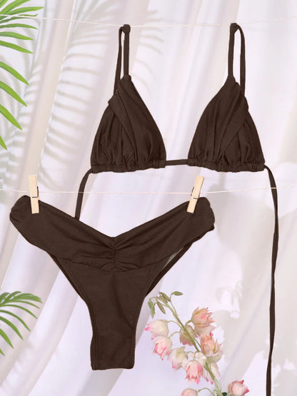Solid Triangle Bandage Bikini Set - Low Rise Swimwear