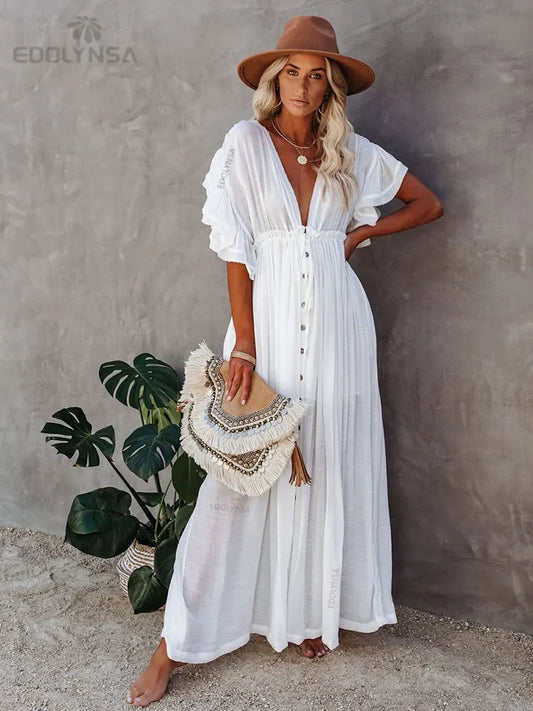 Sexy Bikini Cover-ups Long White Tunic Casual Summer Beach Dress Elegant Women Clothing Beach Wear Swim Suit Cover Up Q1208