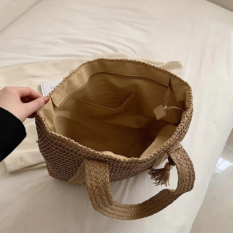 Bohemian Straw Weave Tote Bag - Tassel Accent
