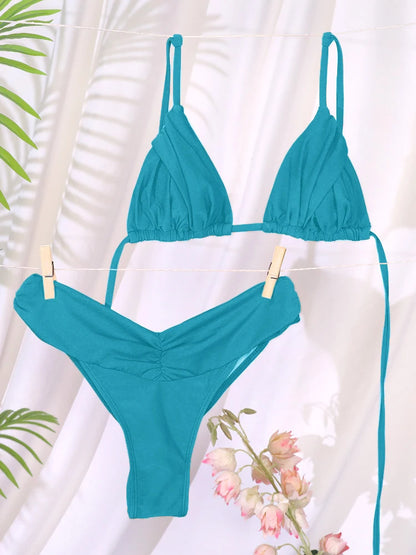 Solid Triangle Bandage Bikini Set - Low Rise Swimwear