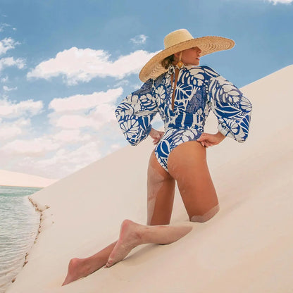 Retro Print Long Sleeve One-Piece Swimsuit - Strappy Monokini