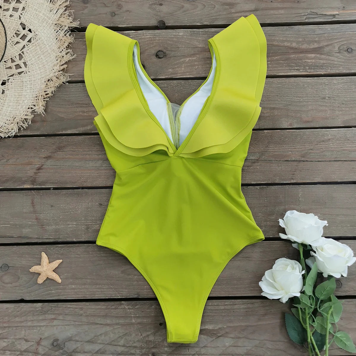 Floral Ruffle Deep V One-Piece Swimsuit - Porcelain Print Beachwear