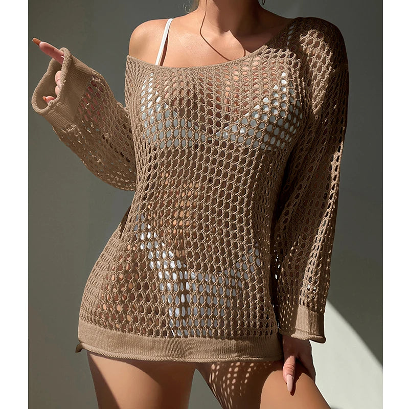 Loose Knit Cover Up Top - Hollow Out Sunscreen Smock