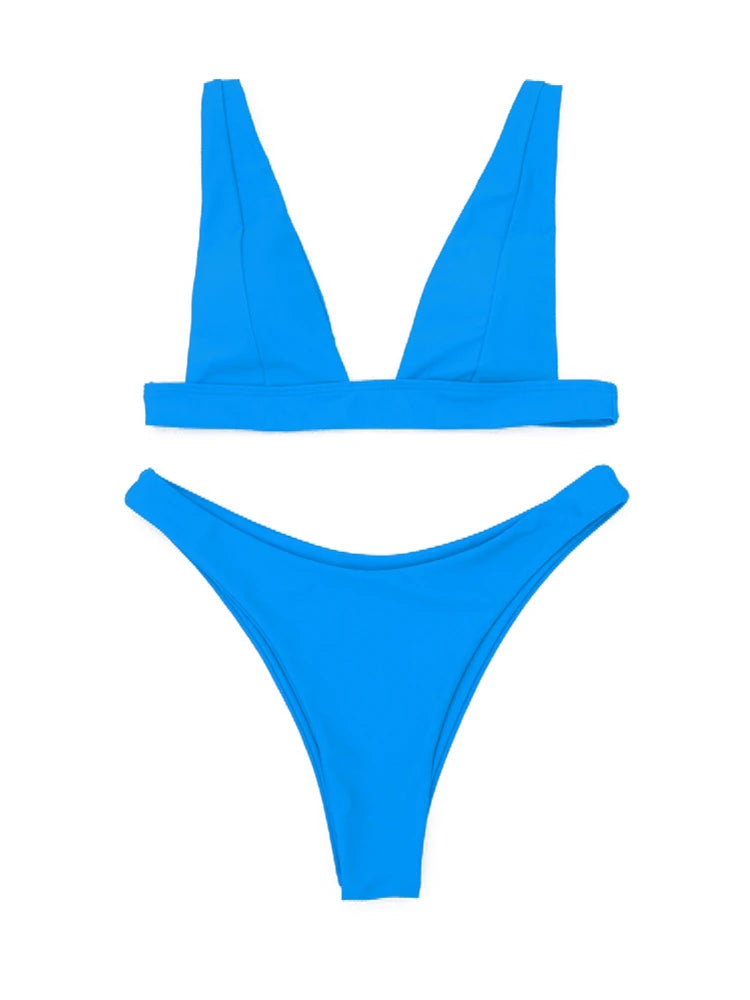 Solid V Neck Low Waist Bikini Set - Brazilian Swimwear