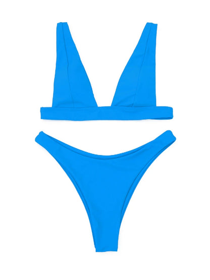 Solid V Neck Low Waist Bikini Set - Brazilian Swimwear