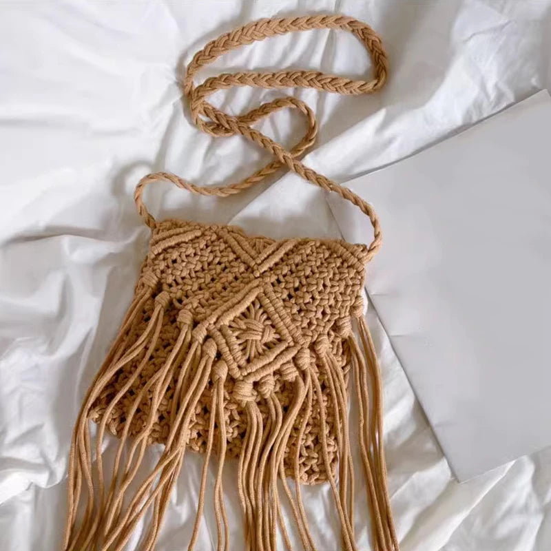 Woven Hollow-Out Straw Crossbody Bag - Tassel Detail