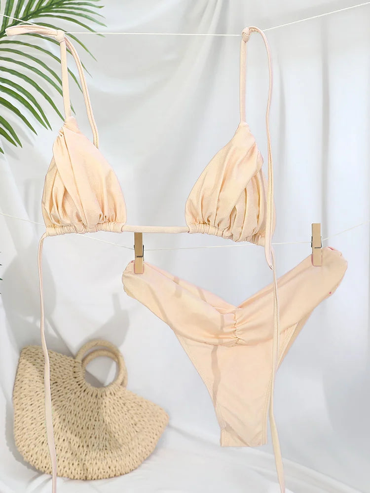 Solid Triangle Bandage Bikini Set - Low Rise Swimwear