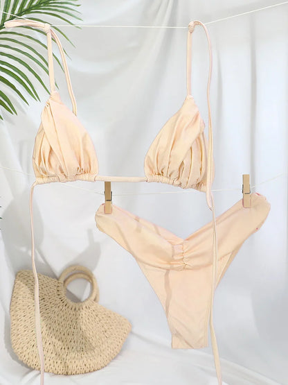 Solid Triangle Bandage Bikini Set - Low Rise Swimwear