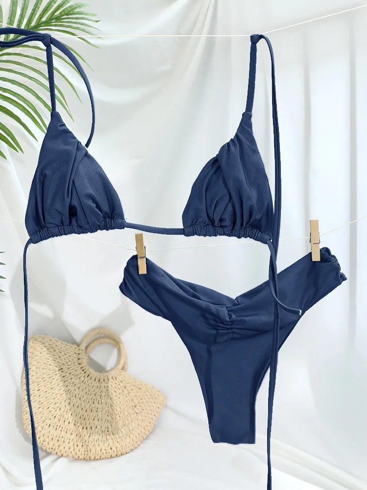Solid Triangle Bandage Bikini Set - Low Rise Swimwear