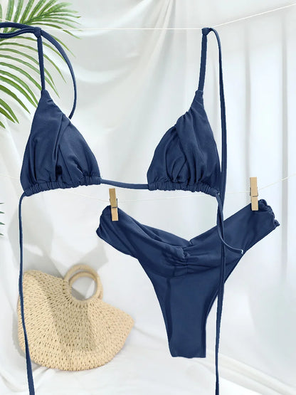 Solid Triangle Bandage Bikini Set - Low Rise Swimwear