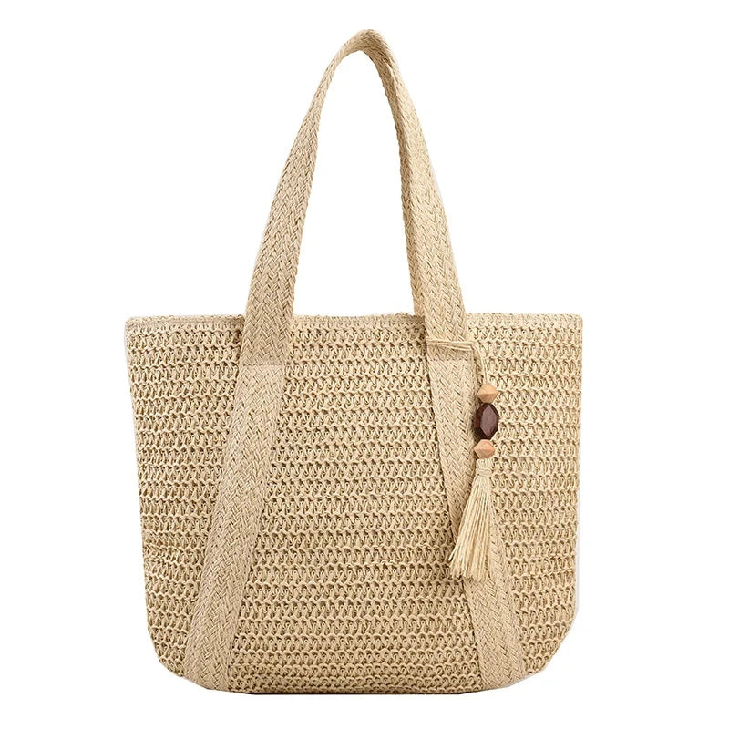 Bohemian Straw Weave Tote Bag - Tassel Accent