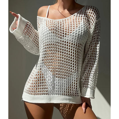 Loose Knit Cover Up Top - Hollow Out Sunscreen Smock