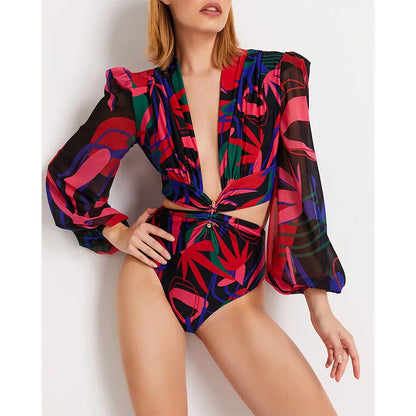 Retro Print Long Sleeve One-Piece Swimsuit - Strappy Monokini
