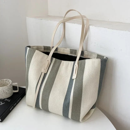 Striped Raffia Shopper Tote - Canvas Trim