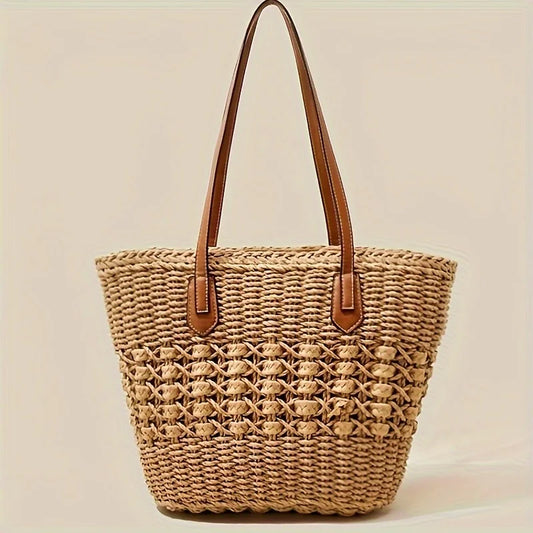 Bohemian Straw Basket Shoulder Bag - Large Capacity