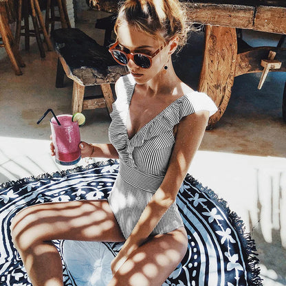 Vintage Striped Ruffle One-Piece Swimsuit