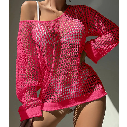 Knitting Loose Swimsuit Cover-Ups Sexy Hollow Out Round Collar Top Women Summer Beach Holiday Fashion Sunscreen Smock Top