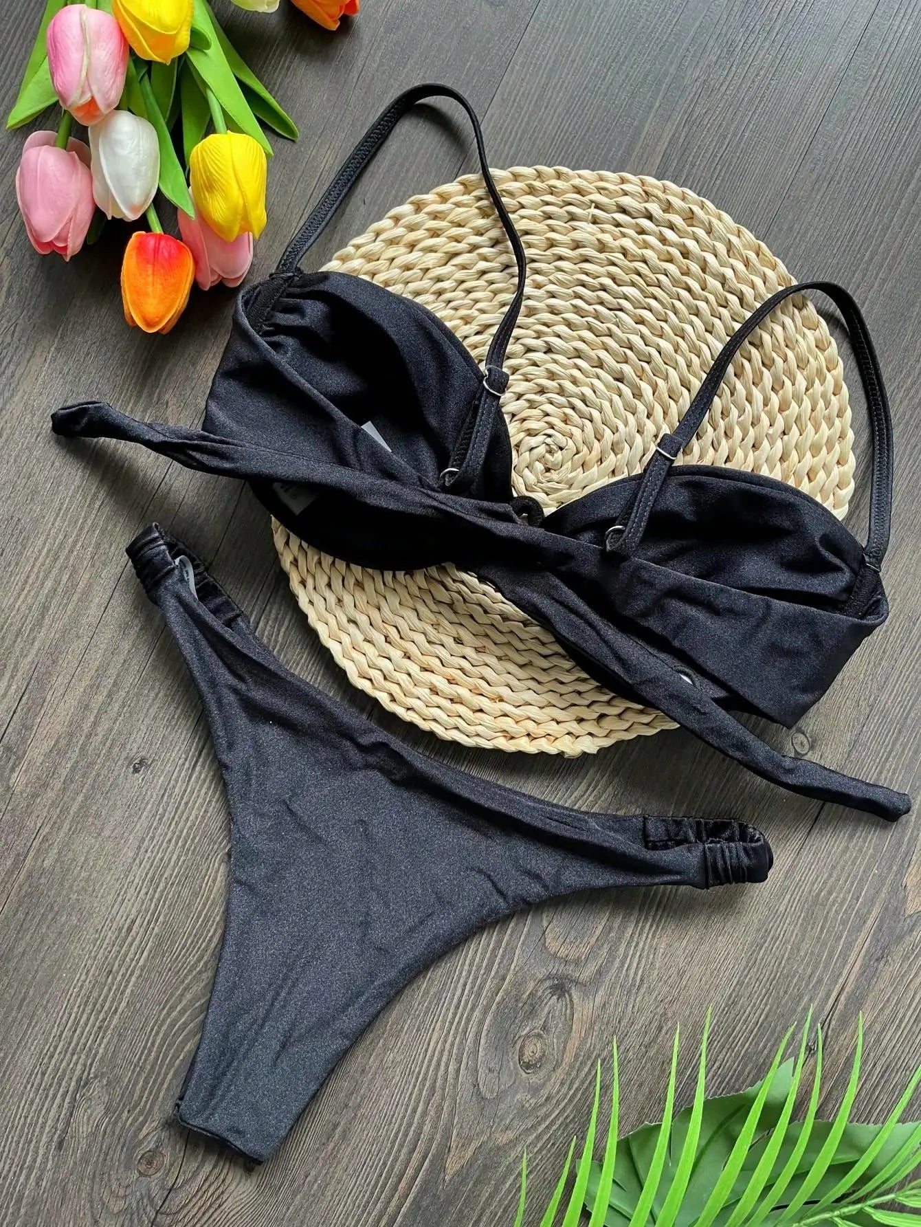 3D Flower V Wire Bikini Set - Underwired Thong Swimwear
