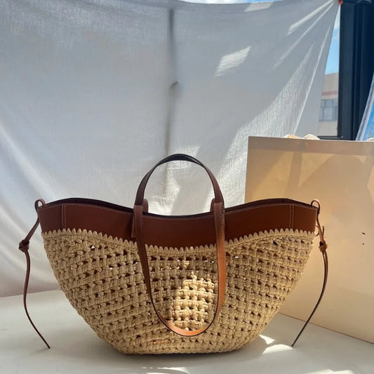 2-in-1 Woven Straw Shoulder Bag - Large Capacity
