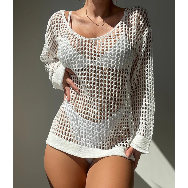 Loose Knit Cover Up Top - Hollow Out Sunscreen Smock