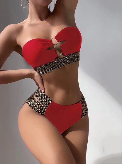 Strapless Bandeau Bikini Set with Belt Detail - Two Piece Swimwear
