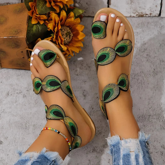 Embroidered Faux Flower Flat Sandals - Beach Comfort