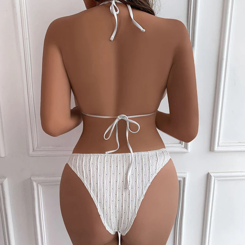 Jacquard Drawstring Bikini Set - Textured Two Piece Swimwear