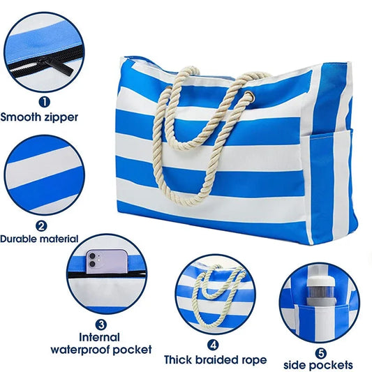 Waterproof Sandproof Beach Tote Bag - Zipper Closure