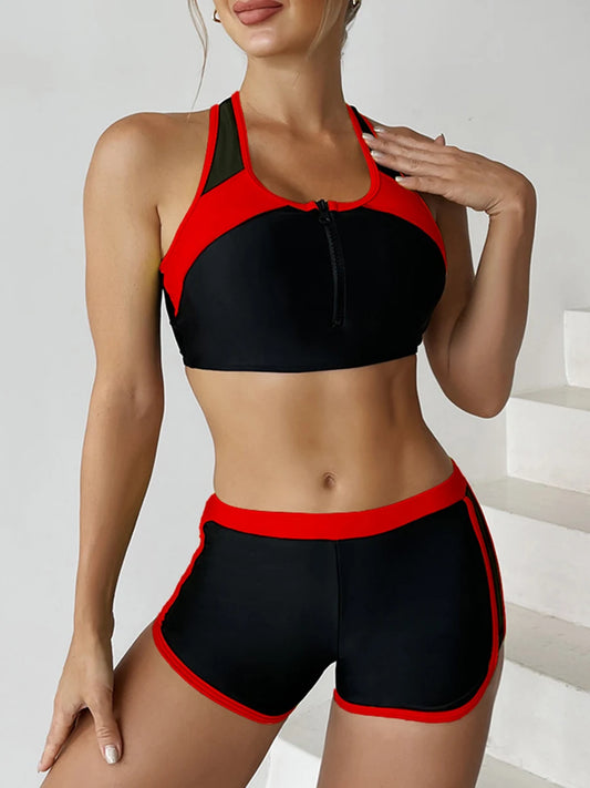Sport Zip Front Bikini Set with Swim Shorts - Two Piece Swimwear