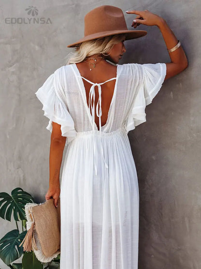 Long White Tunic Cover Up - Elegant Beach Dress