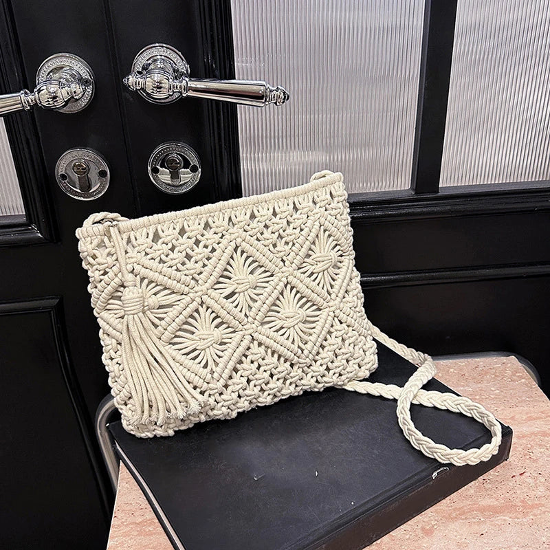 Woven Hollow-Out Straw Crossbody Bag - Tassel Detail