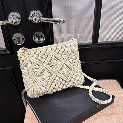 Woven Hollow-Out Straw Crossbody Bag - Tassel Detail