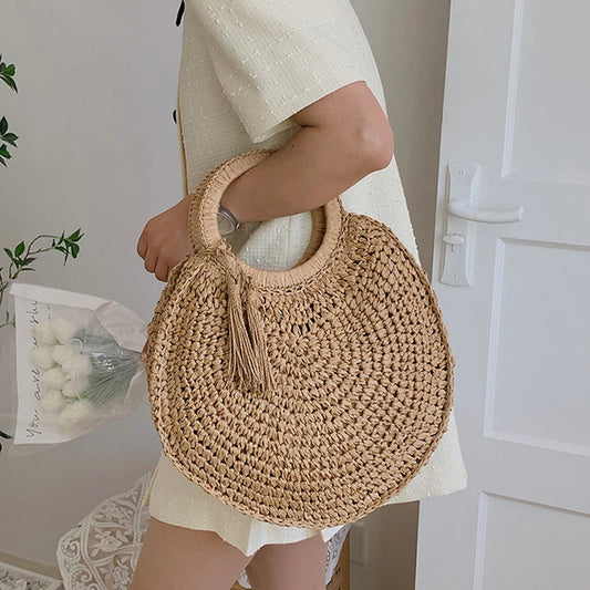 Large Capacity Rattan Straw Shopper Tote - Wood Handle