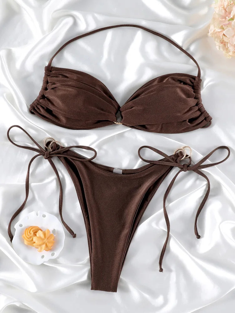 Solid Halter Hollow Out Bikini Set - Two Piece Swimwear