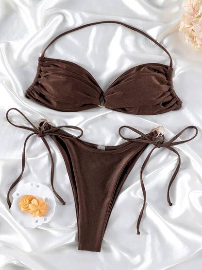 Solid Halter Hollow Out Bikini Set - Two Piece Swimwear