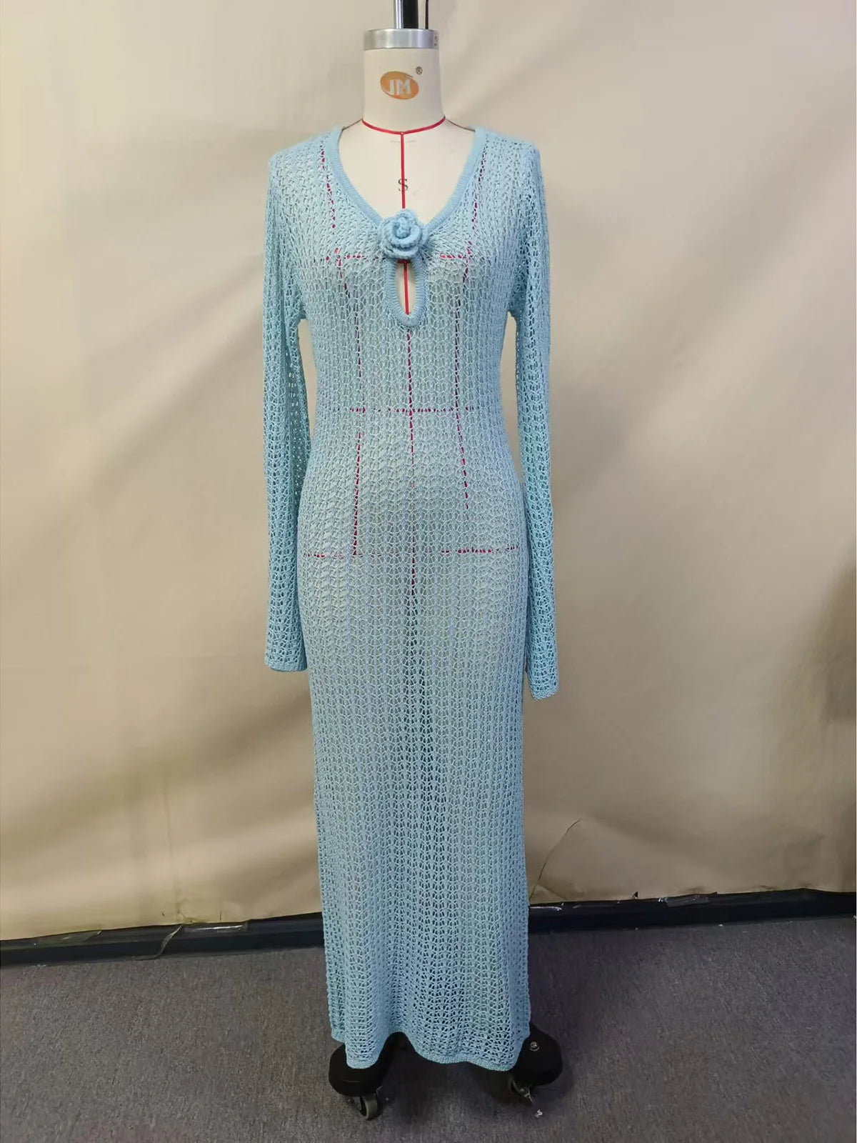 3D Floral Crochet Tunic Cover Up - Long Sleeve Beach Dress