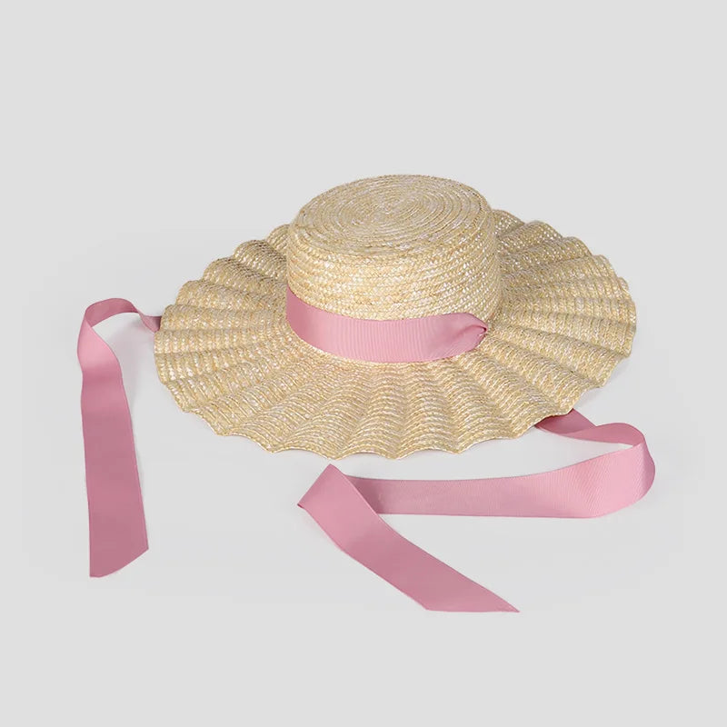 Bow Ribbon Flat-Top Straw Sun Hat - Vacation Style