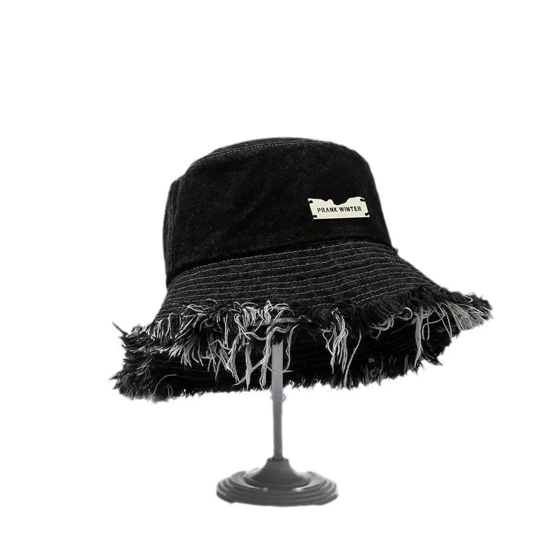 Washed Denim Bucket Hat - Tassel Edge Sun Hat