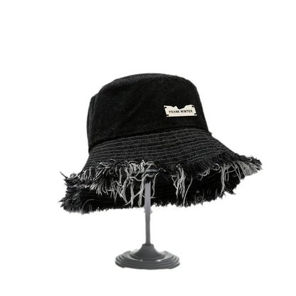 Washed Denim Bucket Hat - Tassel Edge Sun Hat