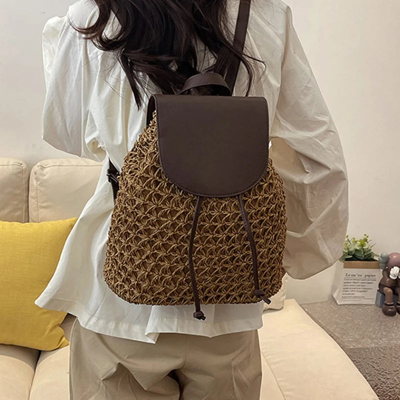 Boho Woven Straw Backpack - Large Capacity