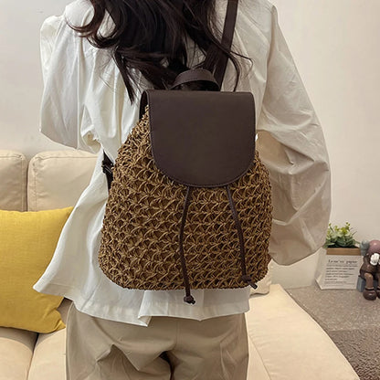 Boho Woven Straw Backpack - Large Capacity