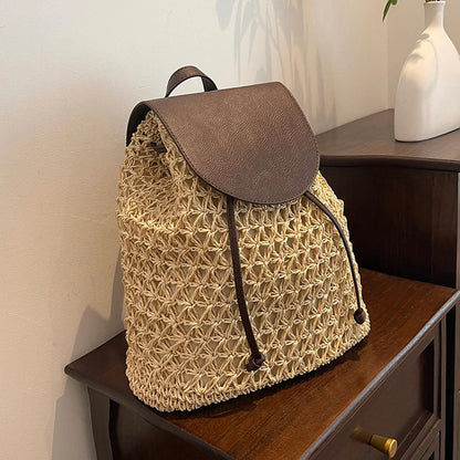 Boho Woven Straw Backpack - Large Capacity