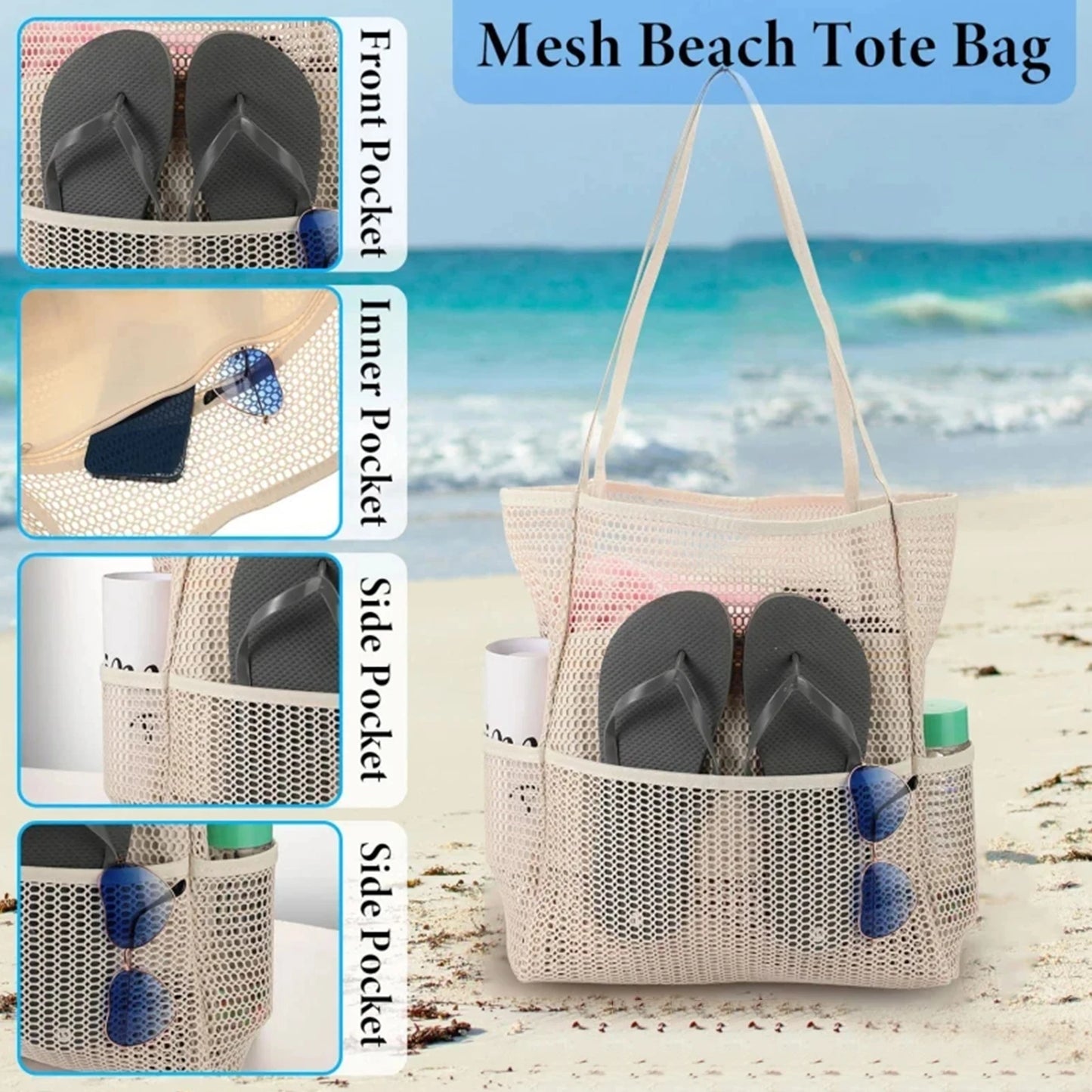 Foldable Mesh Beach Tote Bag - Large Capacity