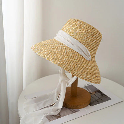 Bow Ribbon Flat-Top Straw Sun Hat - Vacation Style